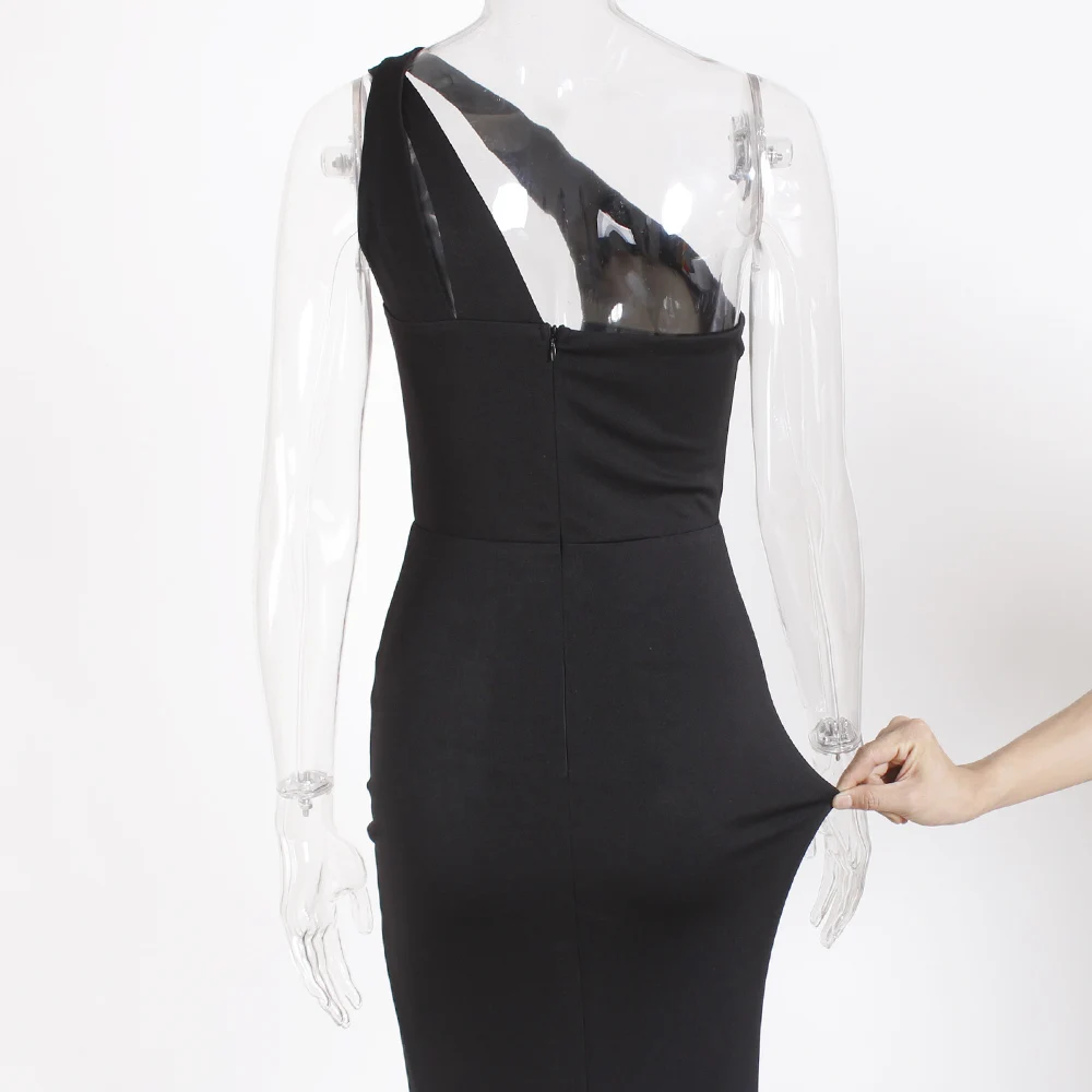 

One Shoulder Asymmetric Maxi Dress Hollow Out Party Dress Stretch Split Front Bodycon Backless Floor Length Dress