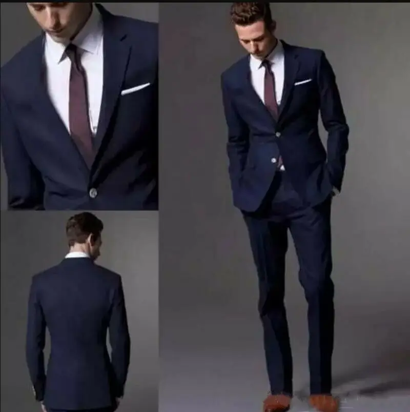 

Dark Navy Blue 2Pcs Fashion Wedding Suits Two Button Slim Fit Custom 40 42 44 46