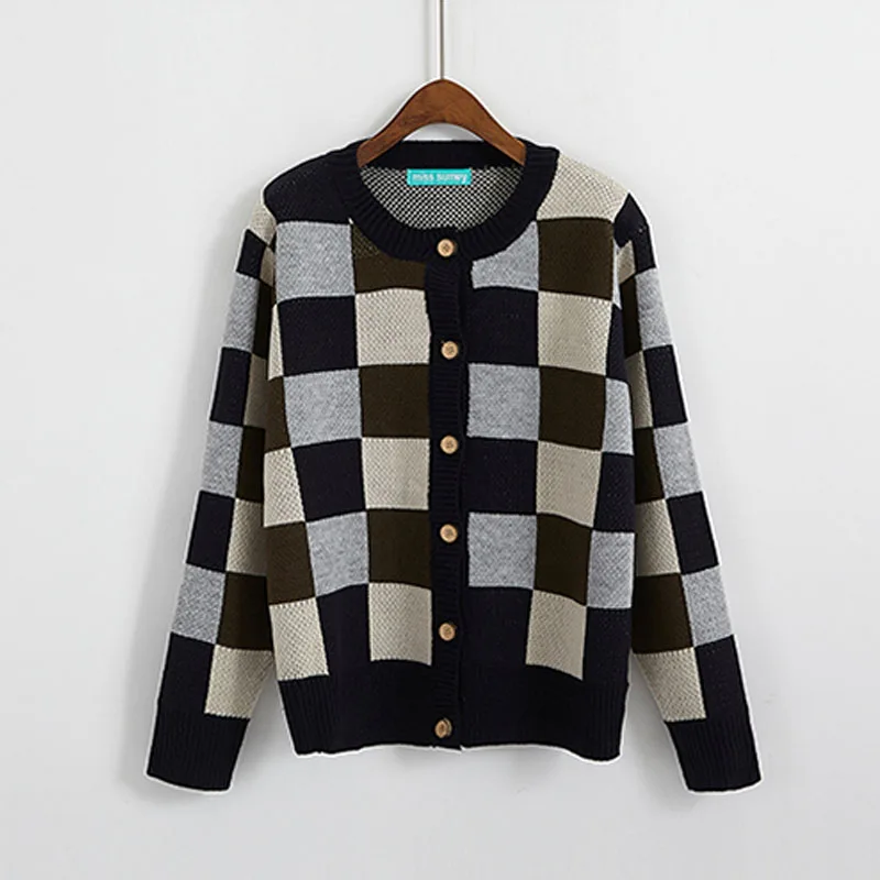 2018 Winter Colorful patchwork plaid sweaters womens sweet cardigans Long Sleeve Female Girl outwear coats Knitted Clothing |