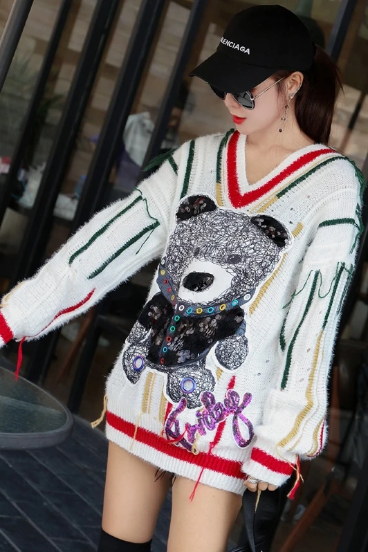 European station 2020 autumn new ladies sweater ageing V-neck cartoon long loose dress female tide | Женская одежда
