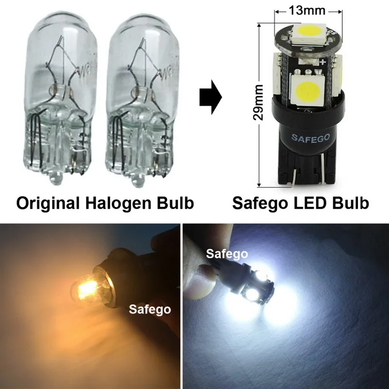 Safego 2 шт. T10 W5W светодиодный Автомобильный свет лампы 5050 194 168 2825 5SMD Клин Огни