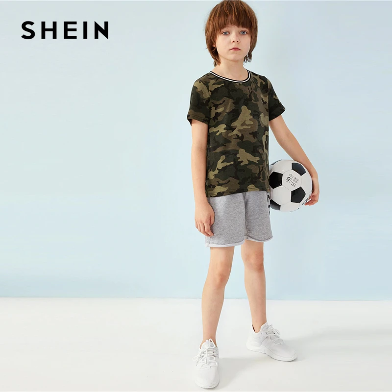 SHEIN/детская футболка в полоску с камуфляжным принтом для мальчиков, детская одежда, г. Летняя Повседневная футболка для подростка с короткими рукавами, топы