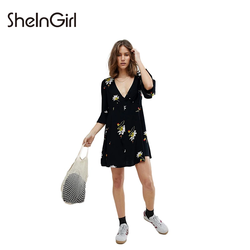 SheInGirl Women Casual Loose Floral Print Black Wrap Knee-Length Dress Deep V Neck Half Sleeve Straight On Beach | Женская одежда