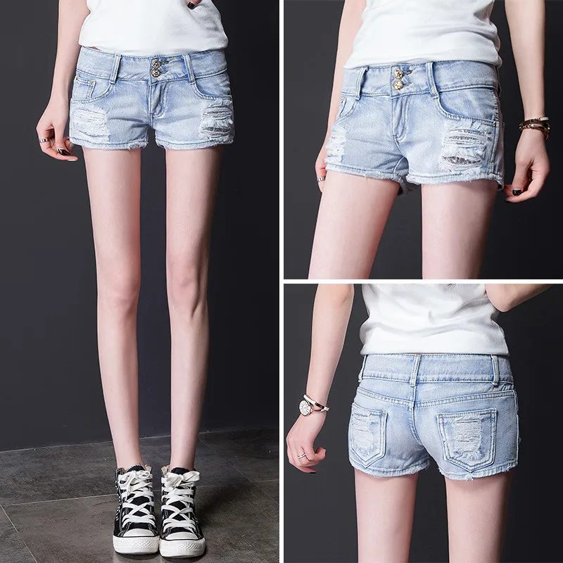 Женские рваные джинсовые шорты [EL откидной] синие однотонные мини с карманами и