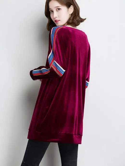 Офис леди велюр с длинным рукавом Длинные полосатые пуловеры круглым вырезом