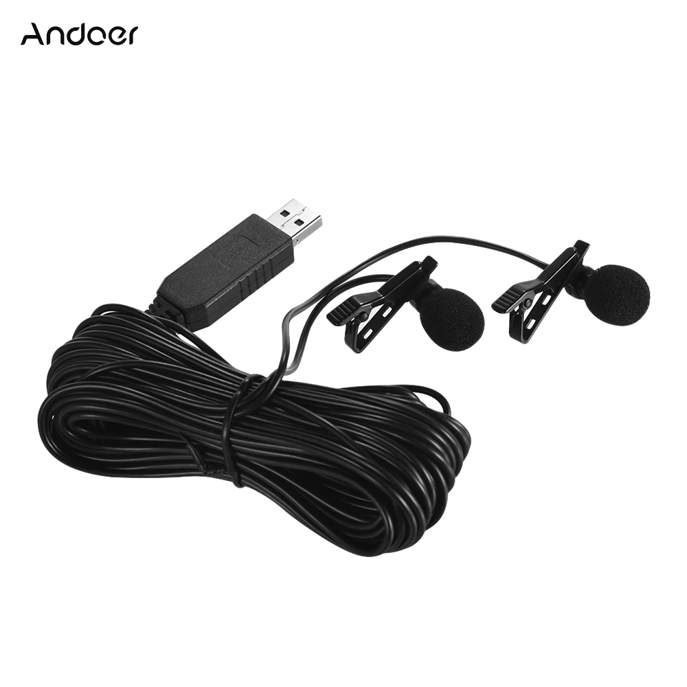 Andoer 1,5 m/4,5 m/6 m USB двухголовый петличный нагрудный микрофон с зажимом всенаправленный компьютерный микрофон для записи видео на Windows Mac