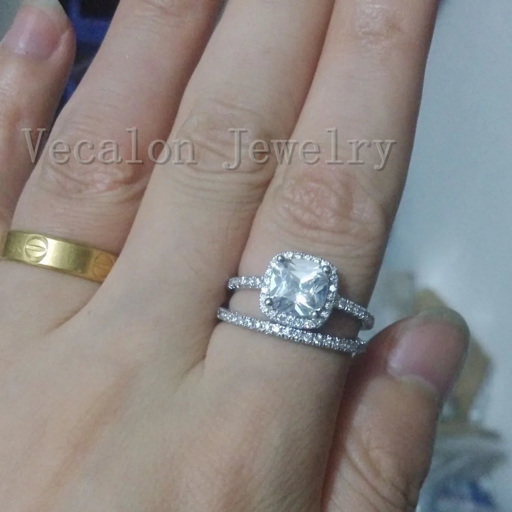 Vecalon 2016 модное женское обручальное кольцо набор с подушкой 3ct AAAAA Циркон Cz 10KT белое