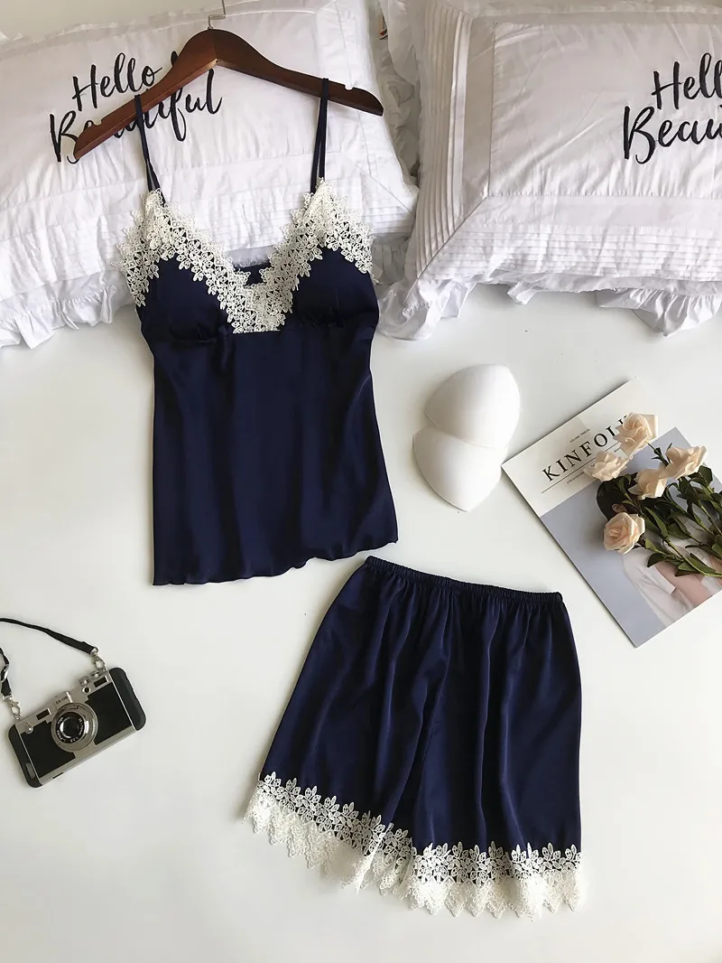 Daeyard Шелковый пижамный комплект роскошный цветочный лоскутный Cami+ шорты+ халат, пижама из 3 предметов, одежда для сна, Сексуальная кружевная Пижама, элегантная домашняя одежда