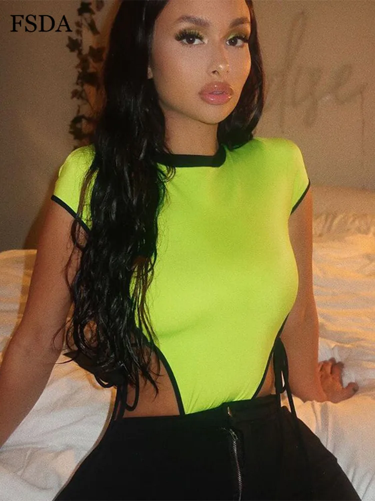 FSDA Neon Summer Bodysuit Sexy Beach Lace Up Hollow Out Short Sleeve Women Bodysuits