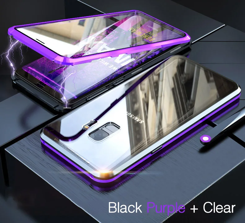 Black Purple LUPHIE 360 Полный Магнитный чехол для samsung Galaxy S9 S8 Plus Note 9 передний задний стеклянный чехол для samsung Note 8 9 Магнитный чехол s - Цвет: Black Purple