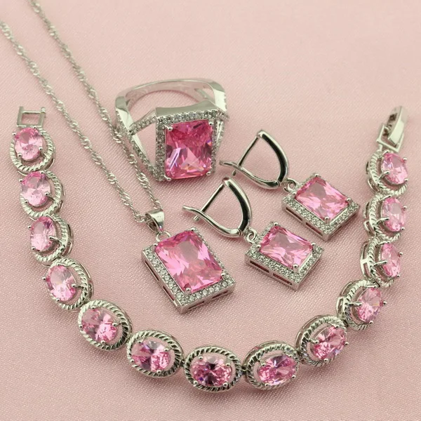 Pink Женские серебряные украшения Цвет Наборы для ухода за кожей Радуга зеленый красный розовый желтый квадрат камень Висячие серьги кулон кольцо браслет Бесплатный Подарочная коробка - Окраска металла: Pink