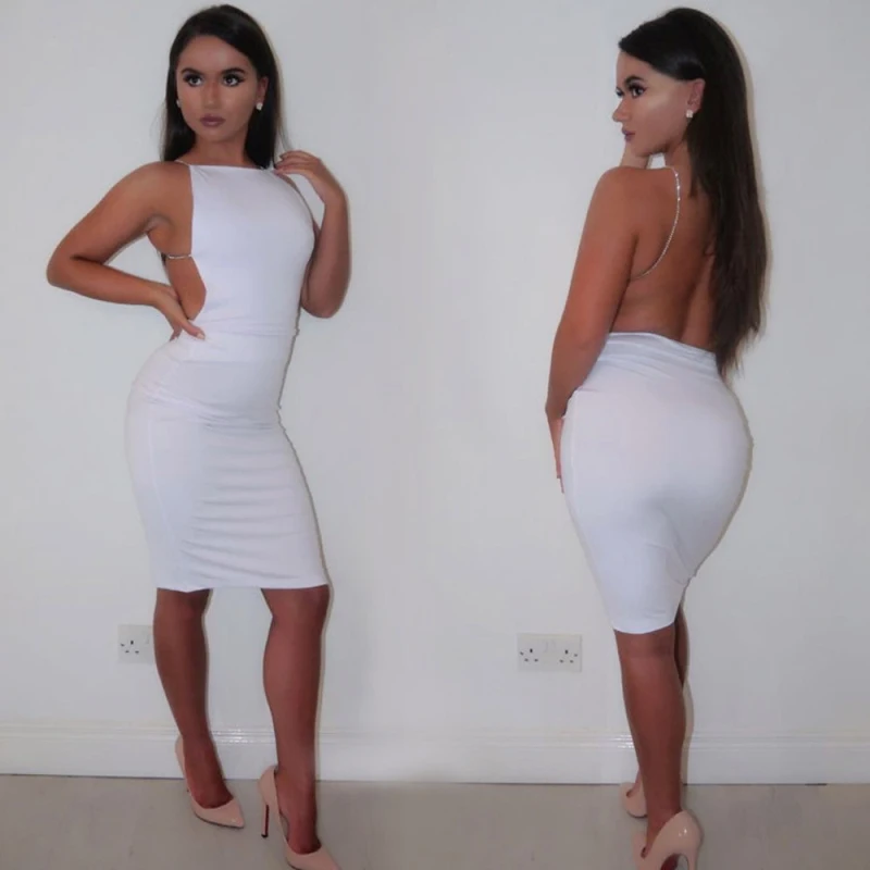 2019 best seller sexy dress 2 color solid black white ukraine women summer dresses sequin chain bodycon backless Mini | Женская одежда