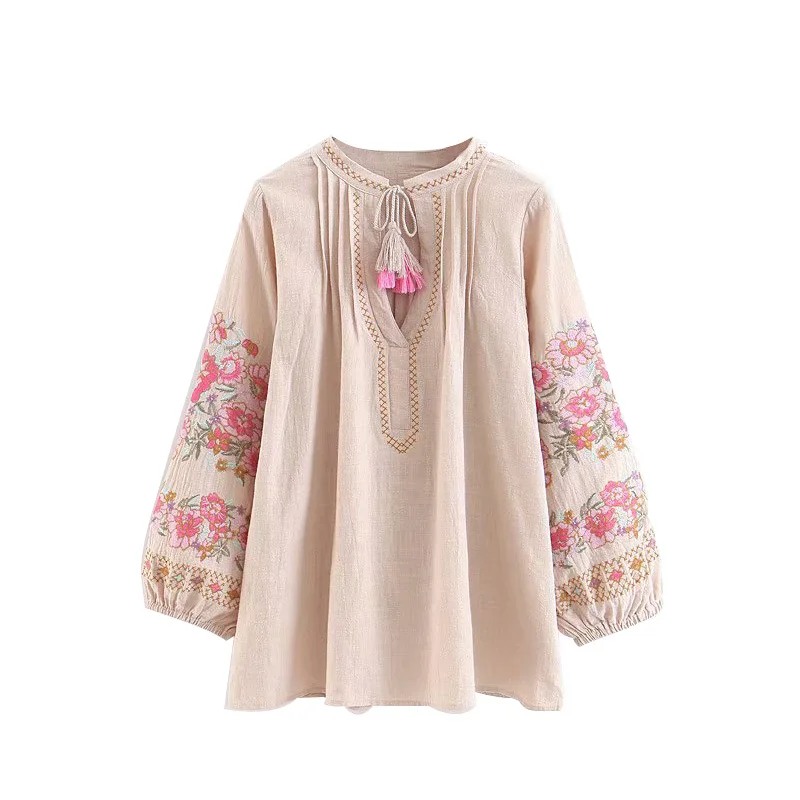 Женские пляжные Топы Boho Chic винтажная блузка с бахромой и цветочной вышивкой