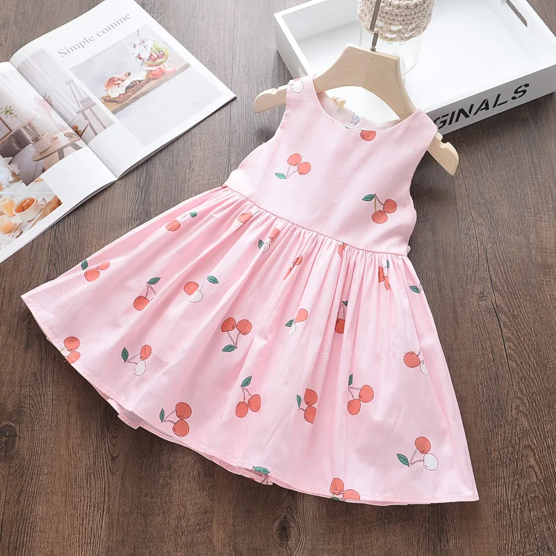 Girl Summer Cotton Dress Cherry Print Kids Wholesale Lots Bulk Clothes Toddler A-line Bow Party Frocks Dresses Sleeveless | Детская