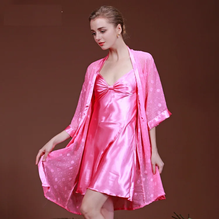 

Spring and summer Classic Silk Sleep breathable nightgown bath robes women's robe set and a nightdress