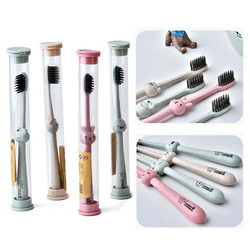 Cepillo de dientes para beb&eacute; con mango de dibujos animados, cuidado bucal, paja de trigo Natural, bamb&uacute;-0