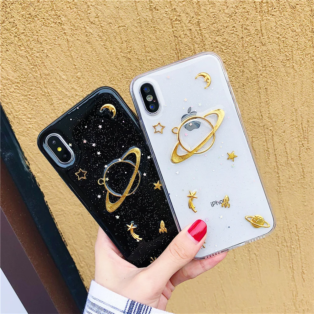 Universe Epoxy Phone Case For iPhone 6 6s 7 8Plus X XS MAX Fashion Cute 3D Planet Moon Star Transparent Soft TPU Back Cover Gift |
