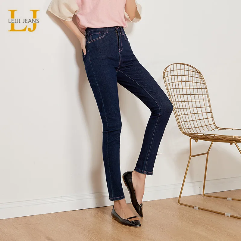 Женские джинсы карандаш LEIJIJEANS повседневные темно синие с высокой талией на флисе