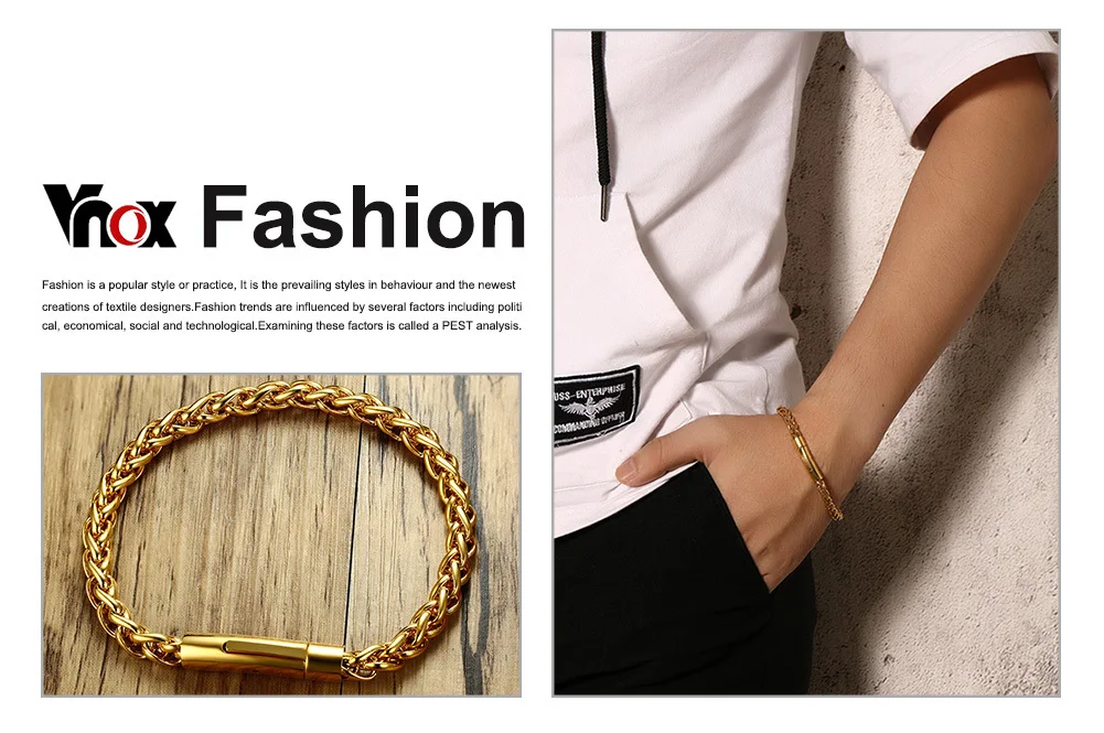 Vnox 6mm Top Quality Stainless Steel Spiga Wheat Chain Link Bracelet for Men Gold Color Closure Punk Hip hop Rocky Male Jewelry