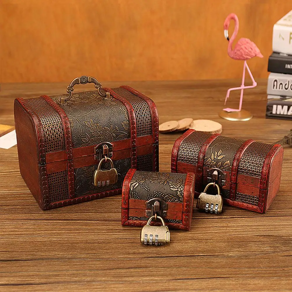 

Vintage Retro Wood Case With Lock Storage Container Box Trinket Jewelry Box Bracelet Pearl Ring Wooden Treasure Chest Organizer