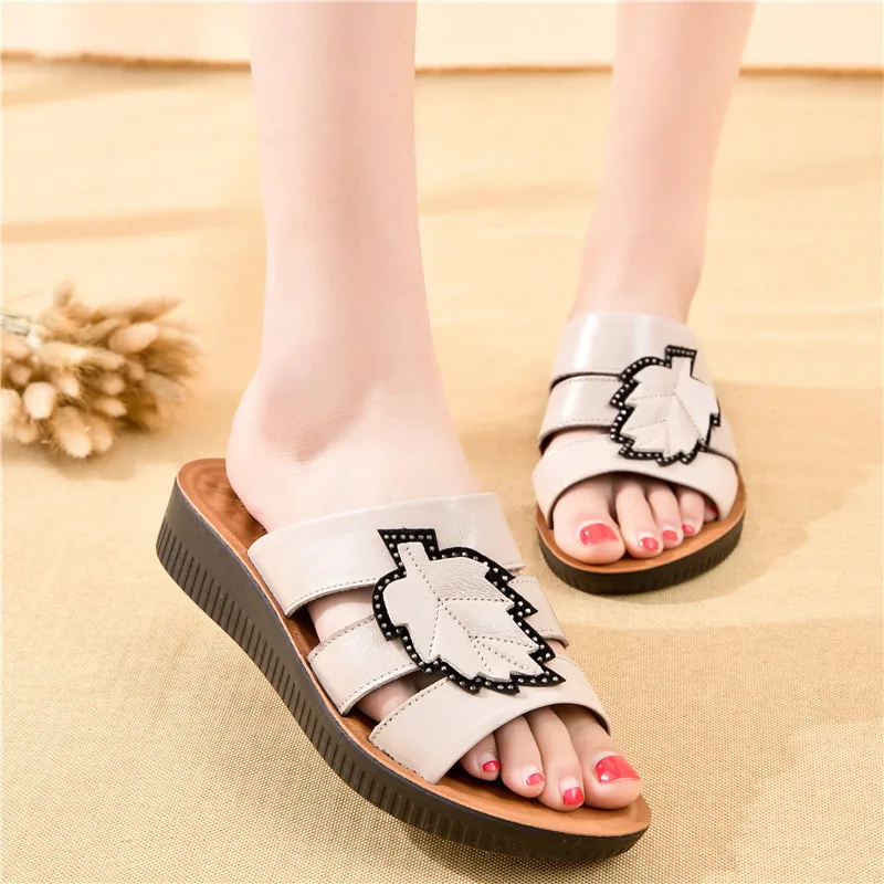 ZZPOHE New Summer Woman Sandals Ladies PU Leather Casual Soft Flat Slippers Slip On Comfortable Women Shoes