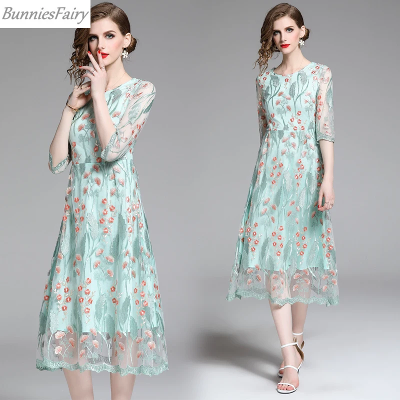 Mesh Embroidered Dress Female Summer Sweet Long Fresh Green Midi | Женская одежда
