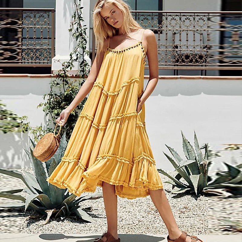 BOHOFREE на бретелях без рукавов бохо шикарный с бисером весна лето Пляжное миди