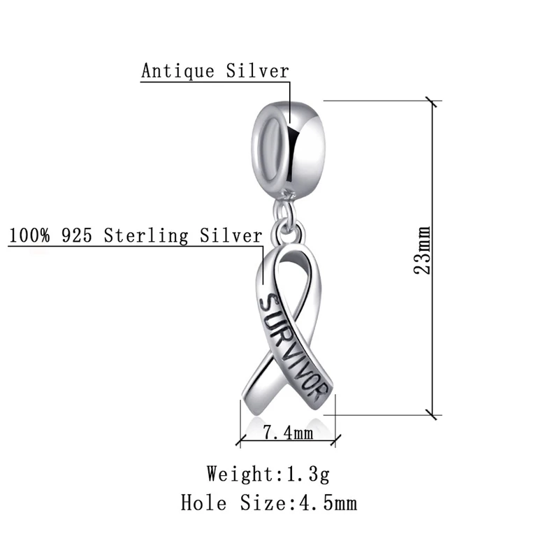 Soulbead 925 Sterling Silver Cancer Awareness SURVIVOR Ribbon Charms Fit Original DIY Pendant Beads Women Gifts | Украшения и