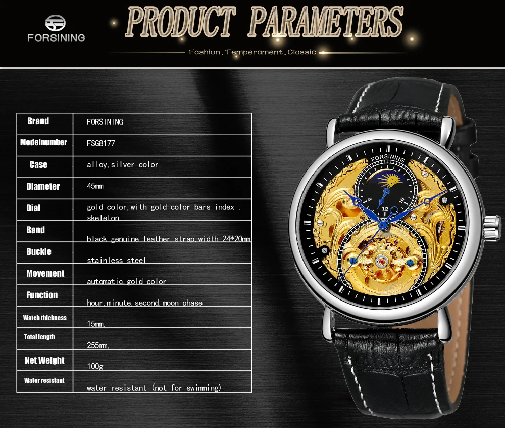 FORSINING автоматические часы мужские Sun Moon Phase Мужские Tourbillon механические 3ATM