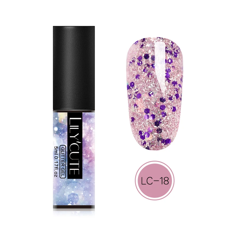 LC-18 LILYCUTE, 5 мл, блестящий Гель-лак с блестками, быстро сохнет, замачивается, УФ светодиодный Гель-лак для ногтей, розовый, золотой цвета - Цвет: LC-18