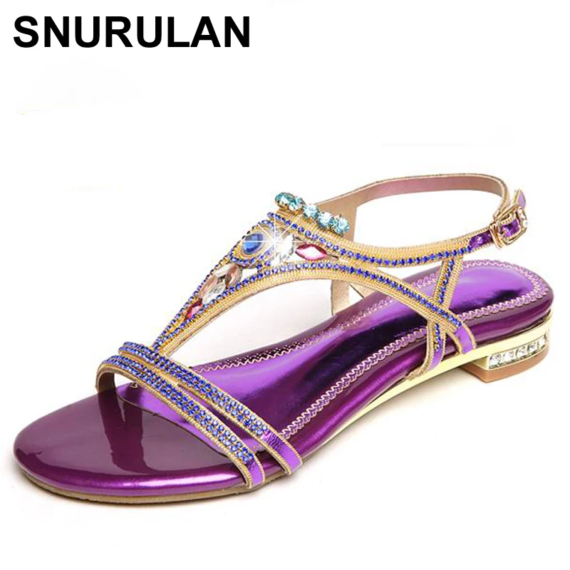 

SNURULAN 2018 Summer New Bohemia Wedge Women Sandals Rhinestone Woman Flip Flops Genuine Leather Women Shoes Beach E140