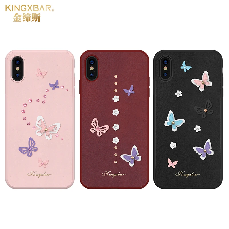 

Original Kingxbar 3D Butterfly Leather Silicone Edge Case For iPhone X XS MAX XR Fashion Back Cover Crystals Diamond Case Cover