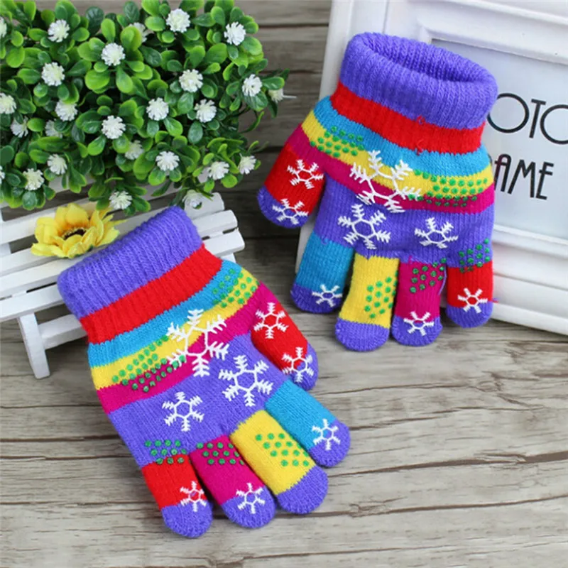 1pair Children Bi-layer Snow Print Winter Thickened Warm Colored Yarn Knit Gloves random color S/M/L | Аксессуары для одежды