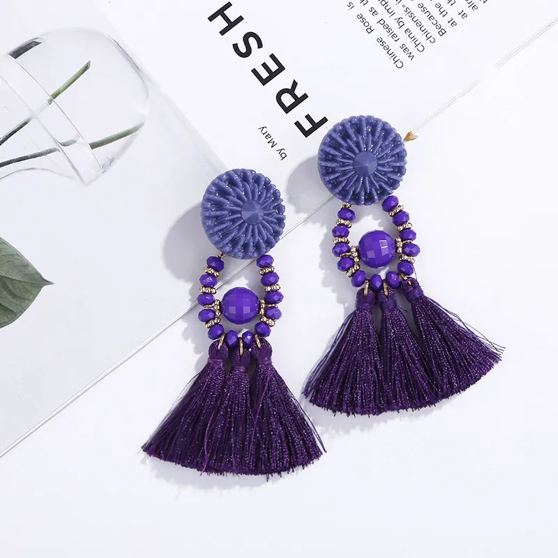 HX Brincos Женский Бренд Boho висячие серьги с бахромой Винтаж этнические массивные Серьги-кисточки модные ювелирные украшения - Окраска металла: Dark purple