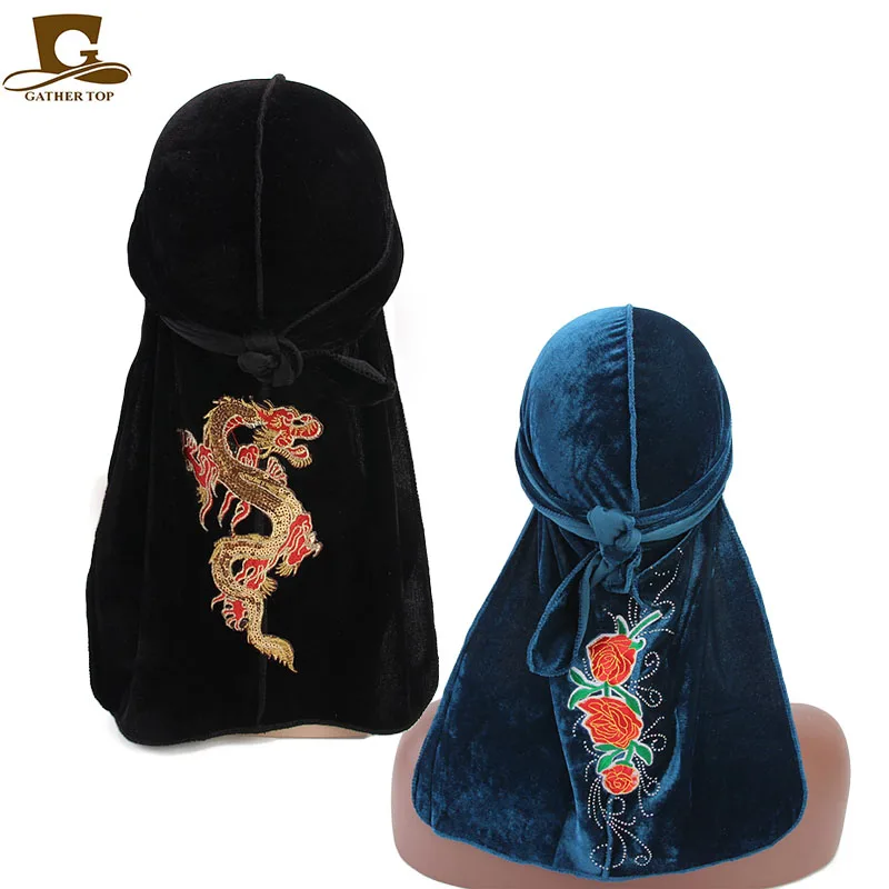 Новый модный бархатный Durag с вышивкой дракона и цветов 2 шт. в одном наборе| |