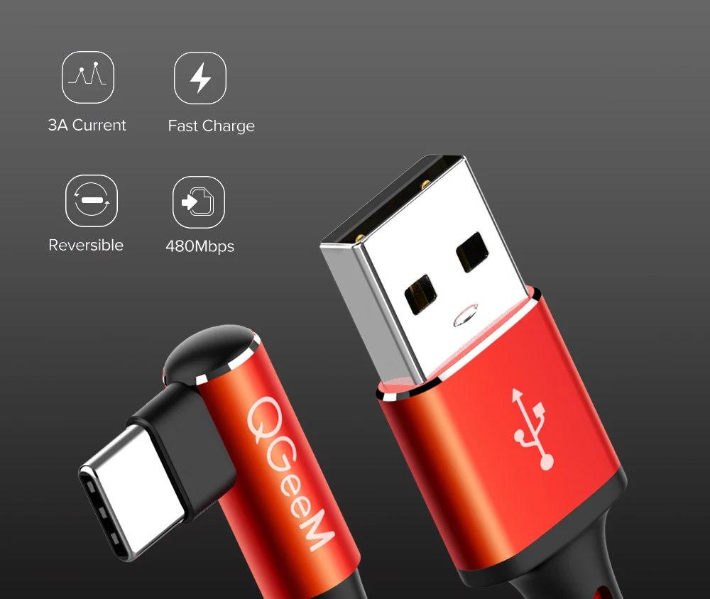 QGEEM usb type C кабель для samsung Note 8 S8 Xiaomi Mi 90 градусов сотовый телефон type C кабель для быстрой зарядки USB C кабель для зарядного устройства