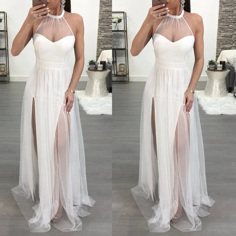 Boho женское длинное платье на бретелях 2018 открытая спина белая сетка без рукавов