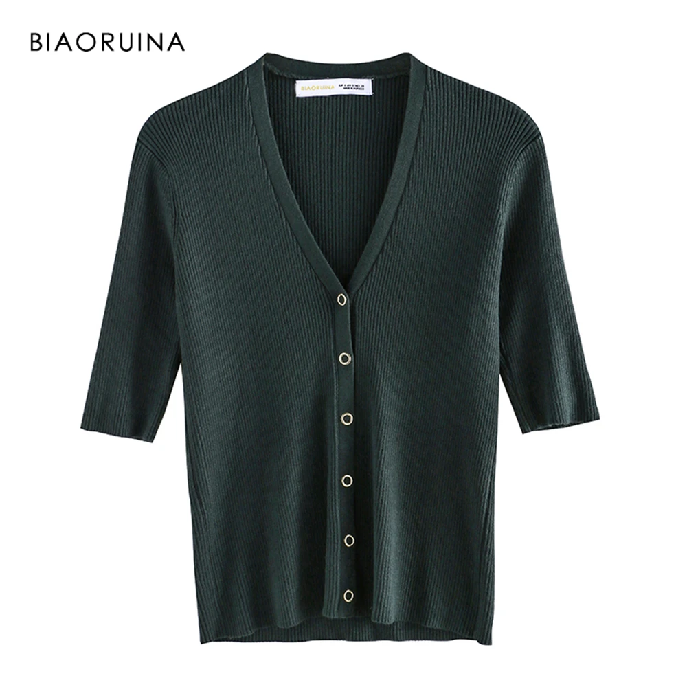 BIAORUINA Women American Style Vertical Solid Stripes Knitted Sweater Female Elegant V-neck Covered Button Casual Cardigans |