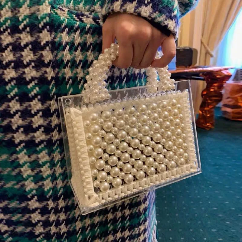 Дизайнерская сумка с жемчугом, украшенная бисером, винтажная акриловая коробка, женская сумка для вечеринки, маленькая сумка через плечо с клапаном, летняя Роскошная брендовая сумка