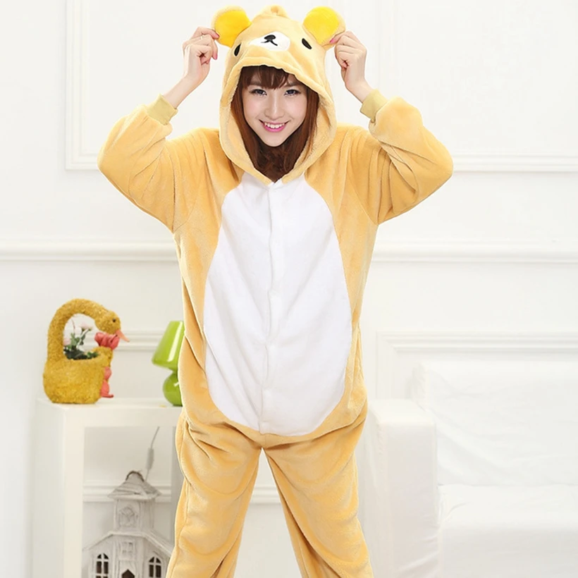 

Фланелевый костюм для косплея животных RILAKKUMA, комбинезон с капюшоном для взрослых и женщин, для мужчин и женщин, на Хэллоуин, праздник, вечер...