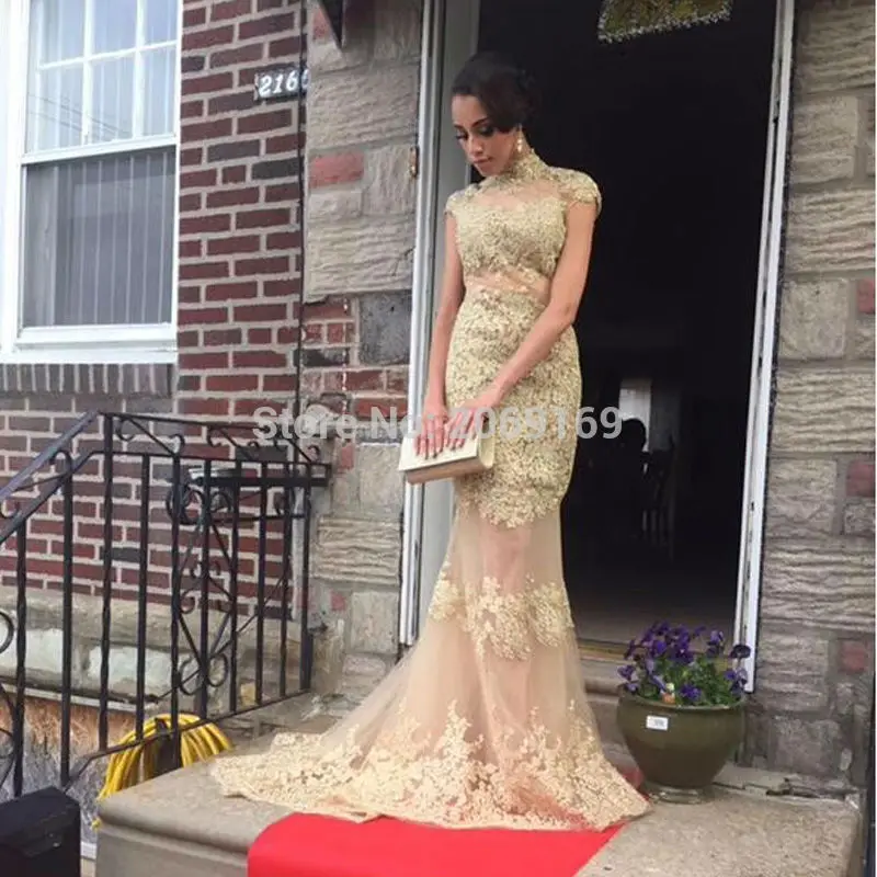 

Arabic Dubai robe de soiree Cap Sleeves Prom Dress for Graduation Gold Lace Mermaid Backless Evening Gown abiye gece elbisesi