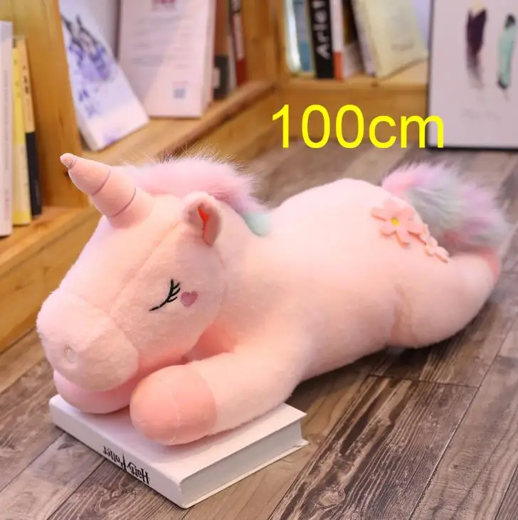 100CM lying pink 25-100 см, большой размер, kawaii, единорог, плюшевые игрушки, 3 вида стилей, чучело, единорог, лошадь, кукла, мягкая, детская, для домашнего декора, подарки, подушка - Цвет: 100CM lying pink