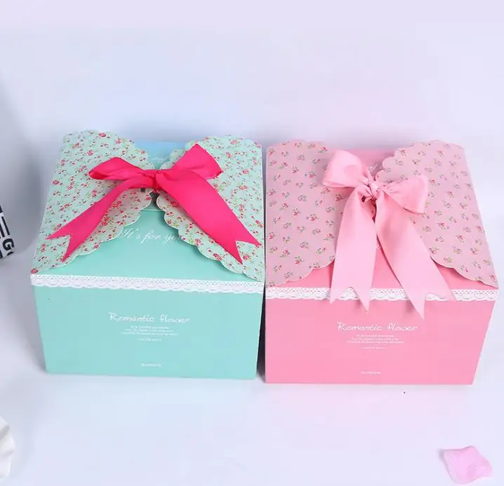 

Flower pattern square large gift box chic wedding bridal favor candy favor boxes with ribbon birthday XMAS party present wrap