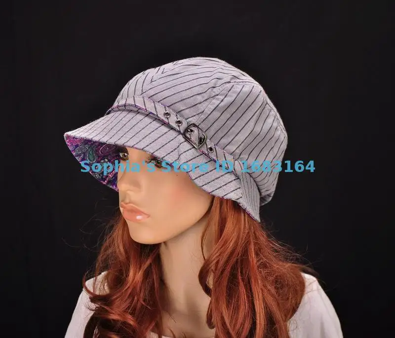 

M195 Grey Cute Stripe Cotton Sun Hat Brim Cap Bucket Newsboy Summer Women's NWT