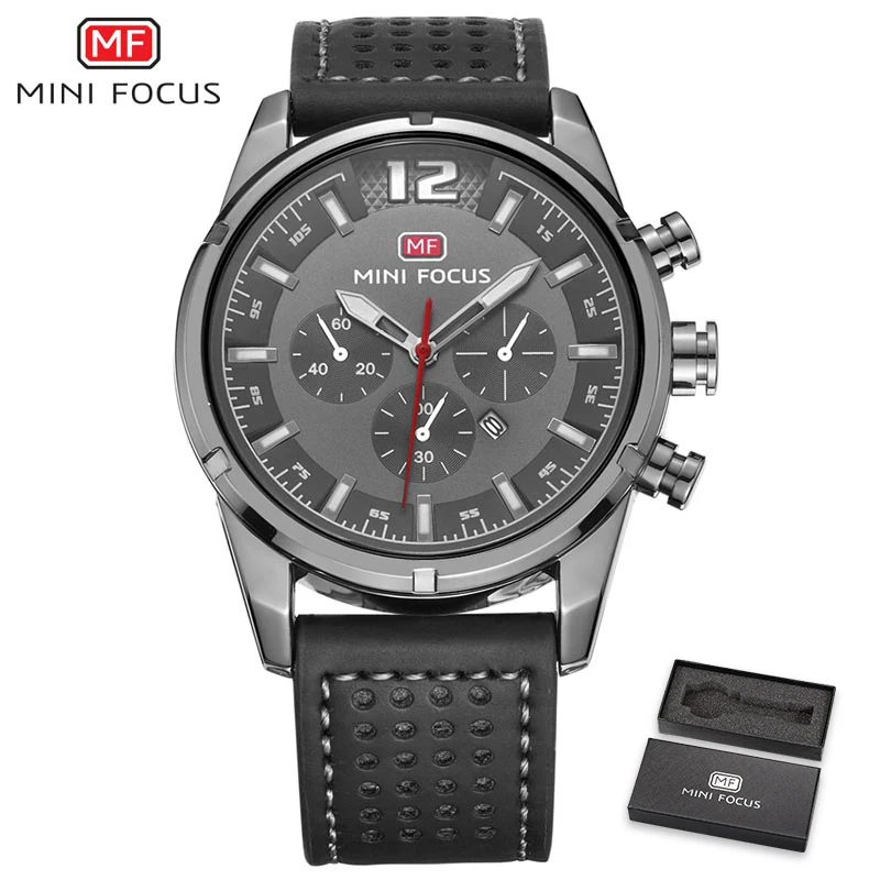 Black Gray MINIFOCUS Роскошные Брендовые мужские часы из натуральной кожи, водонепроницаемые мужские часы с календарем, аналоговые кварцевые часы для мужчин - Цвет: Black Gray