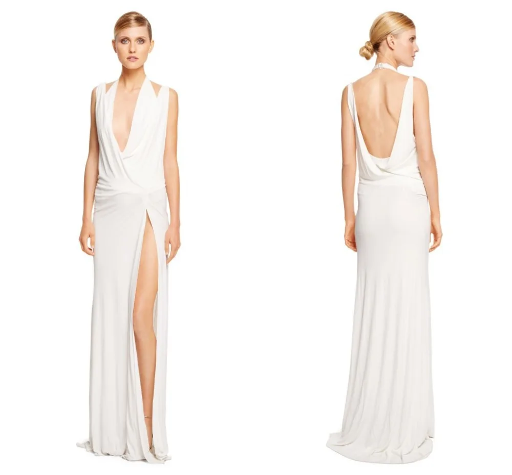 Plain Simple White Long Evening Dress Sexy High Side Slit Gown A Line Tank Sleeveless Backless Formal 2015 | Свадьбы и торжества