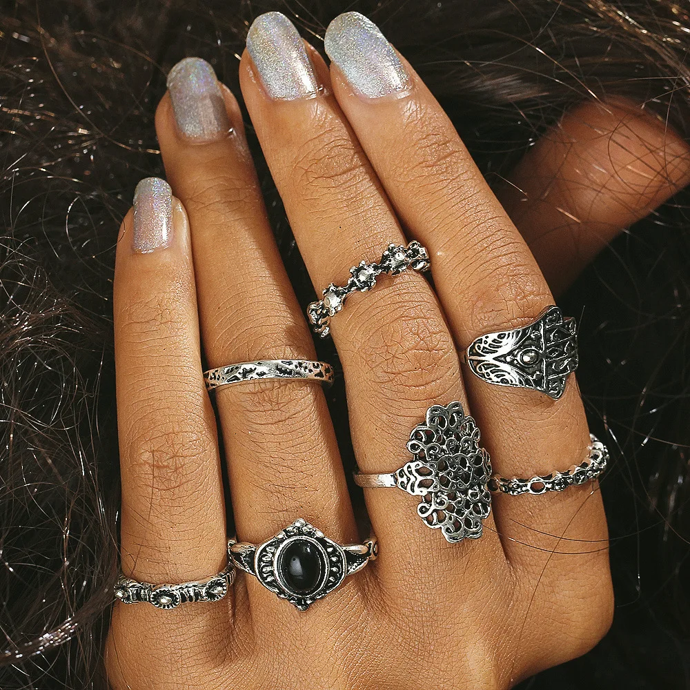 HOCOLE 7PCS/Set Boho Vintage Punk Antique Flower Carved Mini Finger Rings For Women Bohemian Knuckle Ring Set Jewelry Wholesale | Украшения