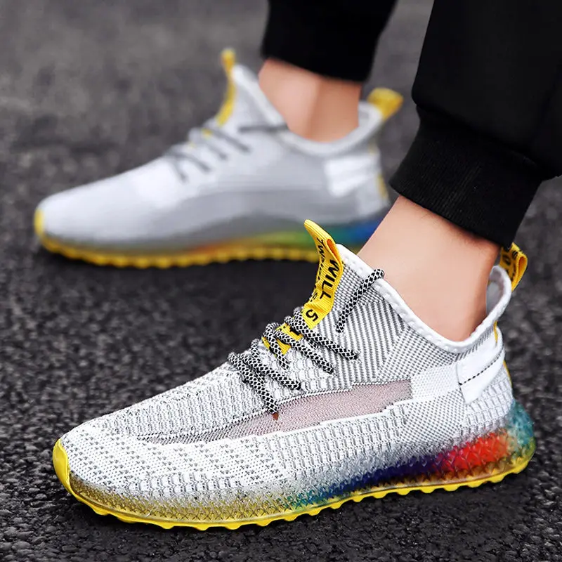 Gray-yellow Новые корейские модные цветные высокие мужские кроссовки на массивном каблуке, дышащие повседневные мужские кроссовки - Цвет: Gray-yellow