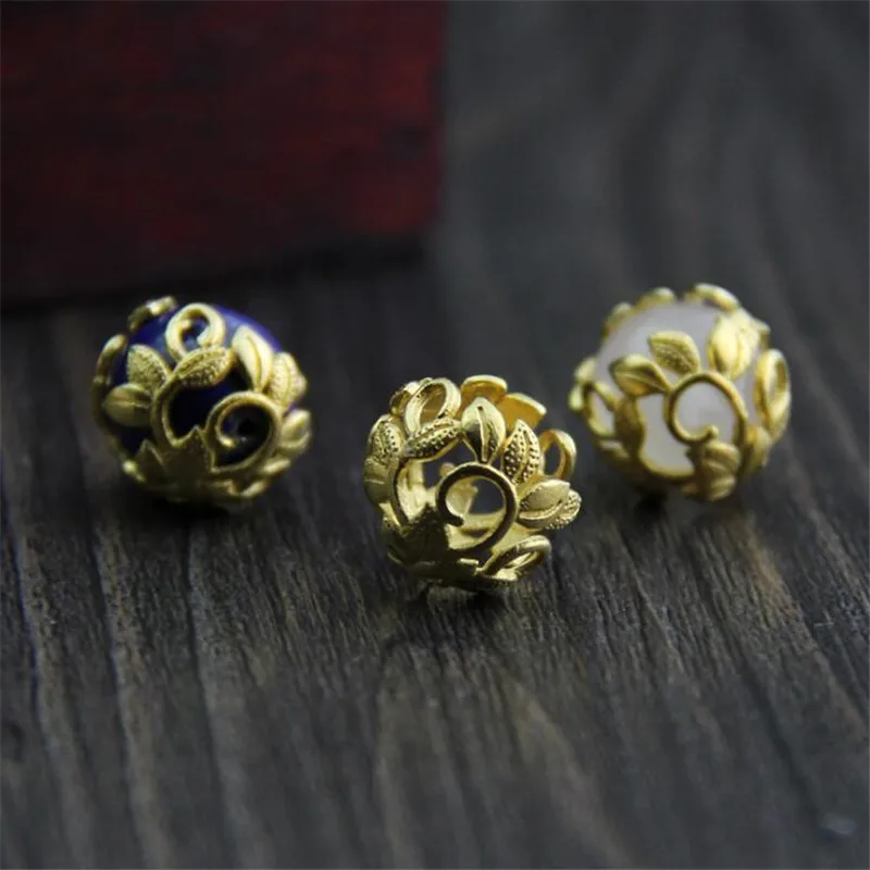 

925 Sterling Silver Flower Beads Hat Gold Color Receptacle Spacers Balls Cap For Jewelry Making 6mm 8mm 10mm 12mm 3pcs