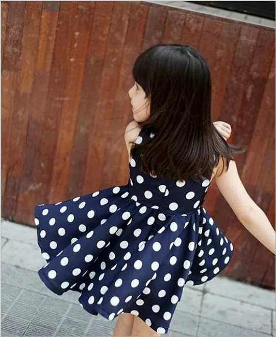 free shipping wholesale price dot bow sleeveless summer baby girl princess dresses 3~8age navy/white children clothing | Детская одежда